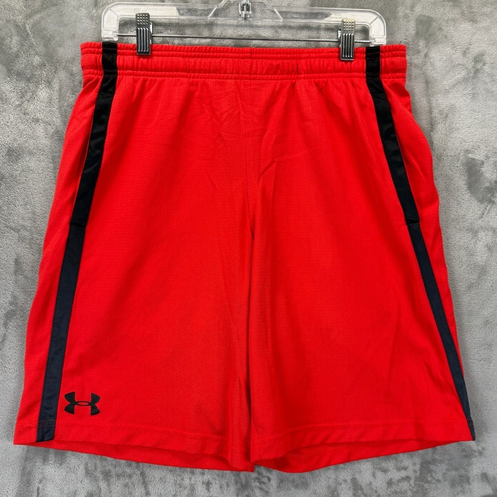 Under Armour Mens Red Black Stripe Loose Fit Mesh Athletic Shorts Large HeatGear